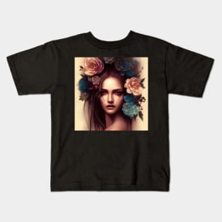 Beaux Animes Art, Beautiful Anime Girl with flowers in her hair and scars on her face Design Kids T-Shirt